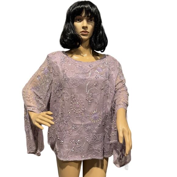 Adrianna Papell Occasions silk Lavender sequin beaded sheer sleeve top size 20W - Picture 1 of 15
